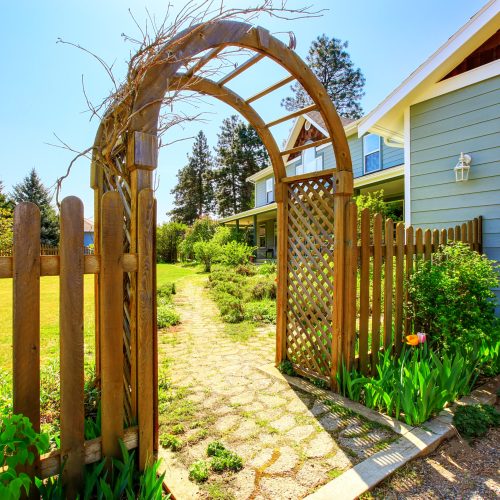 View,Of,Wooden,Arbor,And,Fence.,Arched,Entry,To,The