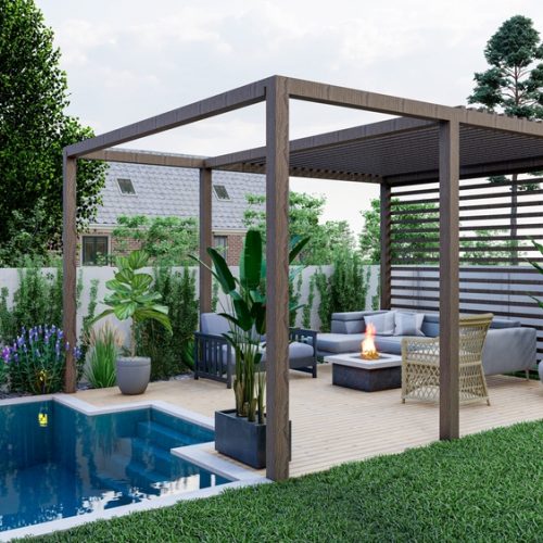 Backyard,Swimming,Poo,And,Pergola,With,Fire,Pit,Area,Design