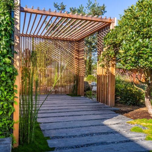 Modern,Wooden,Arbor.,Modern,Wooden,Roofing,In,Courtyard,,Backyard,,Terrace